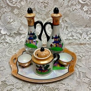 Vintage, Rare 9-pc Variant, Polychrome Blue Willow Condiment Set